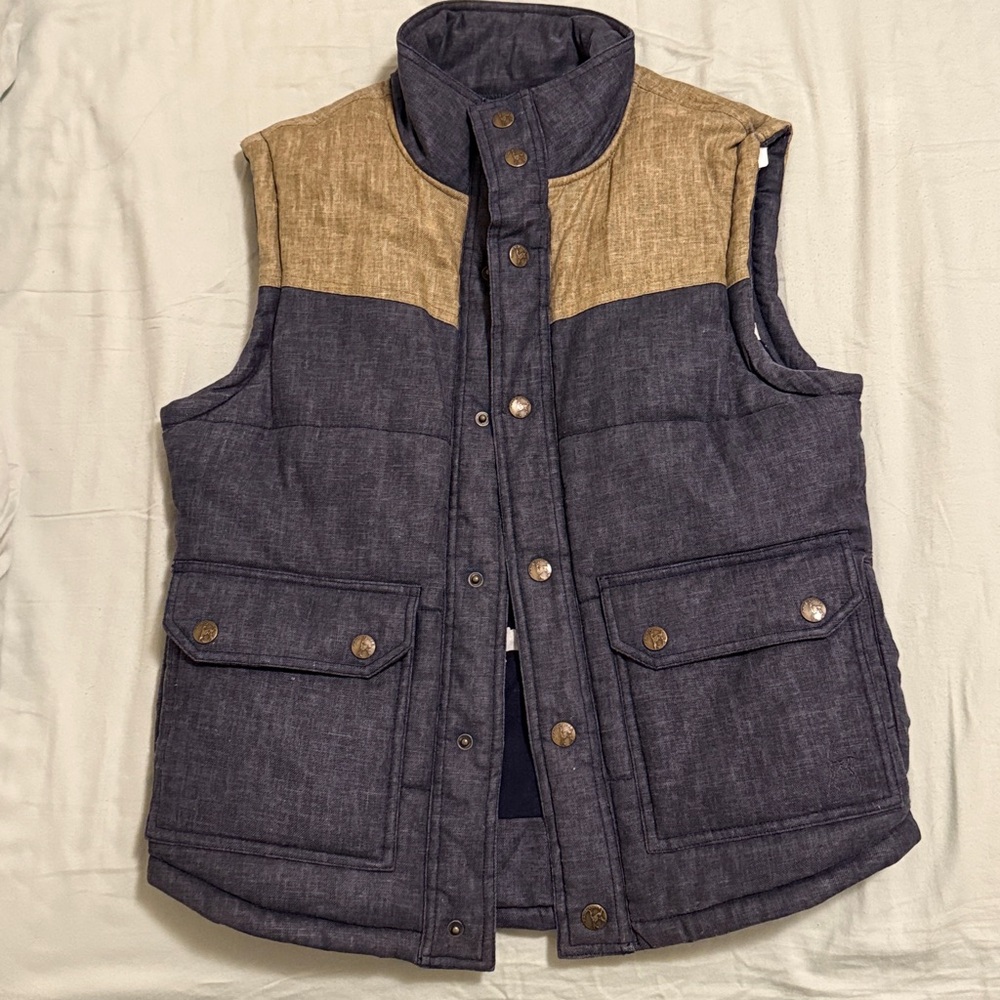 Kane & Unke Vest M Mens Blue Tan Colorblock Linen Blend Snap Front Puffer